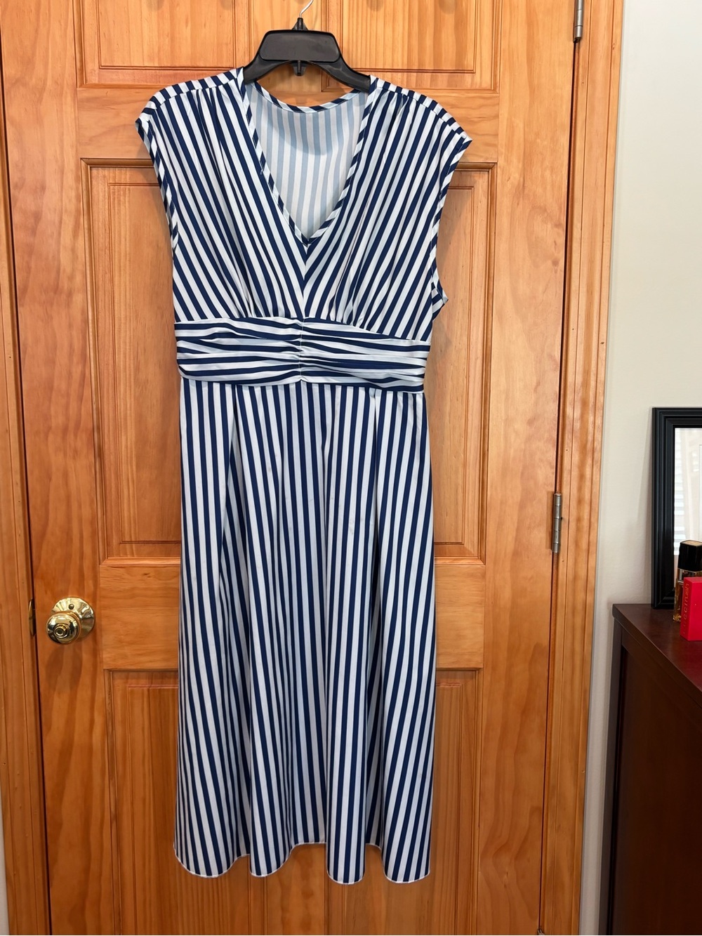 SHEIN Navy and White Striped V-Neck Midi Dress